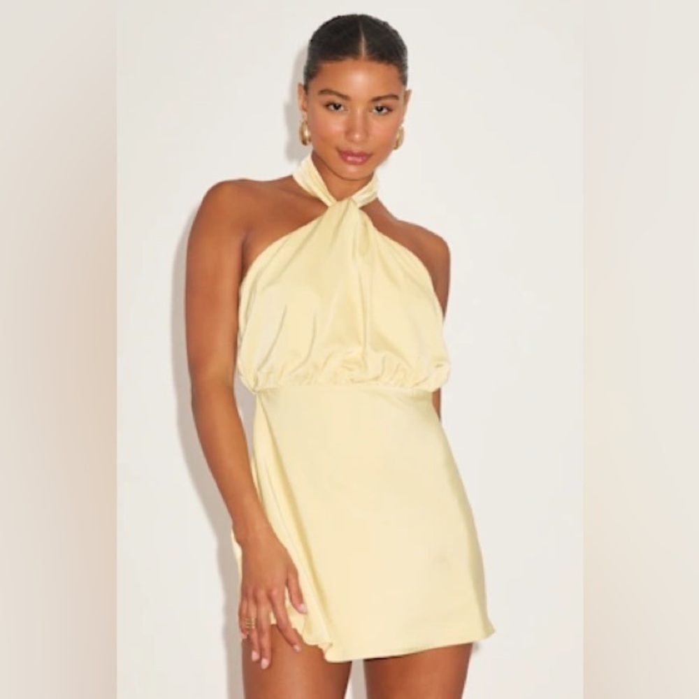 NWT Lulus Sleek Essence Butter Light Yellow Satin Halter Sleeveless Mini Dress
